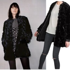 Zara TRF Outerwear black Fuzzy Faux Fur Collarless Zip Front teddy Coat Sz S